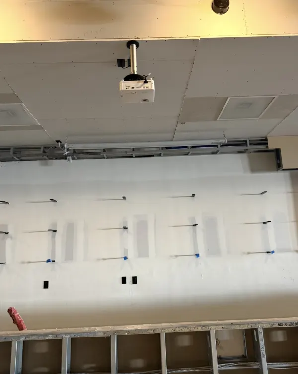 Structured Cat6 cabling drops above the ceiling grid during a BVTech LLC commercial buildout — Jordan Polasek BVTech LLC