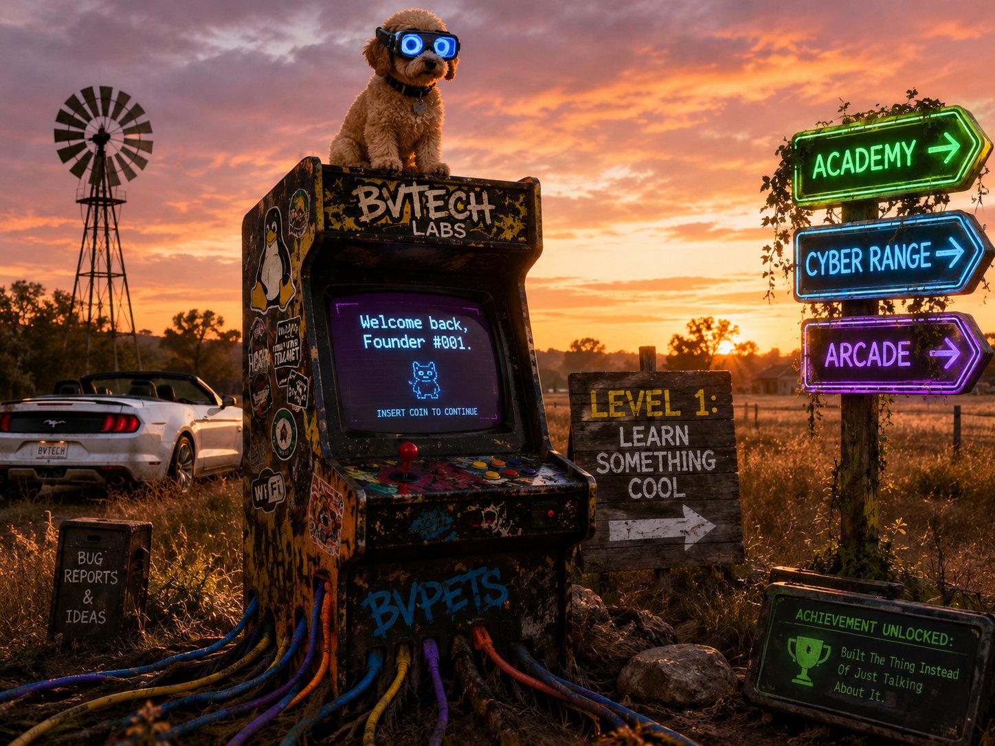 The BVTech Labs arcade cabinet at golden hour, with neon signs pointing to the Academy, Cyber Range, and Arcade, and Autumn the goldendoodle on top.
